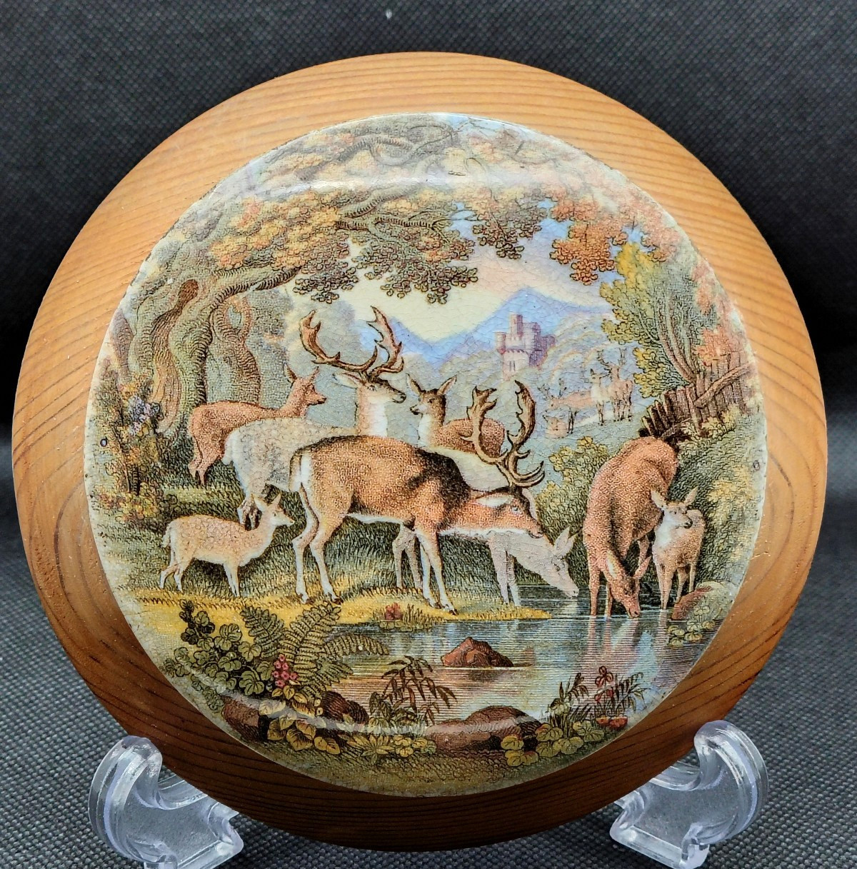A Pratt Ware Pot Lid, Deer Drinking C.1850
