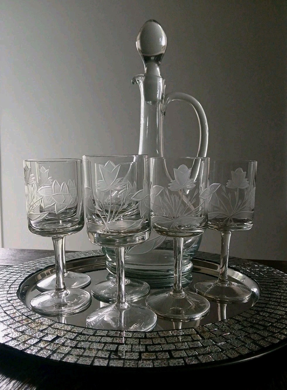 (6) Crystal Wine Glass Set w Decanter Toscany Romanian Etched 