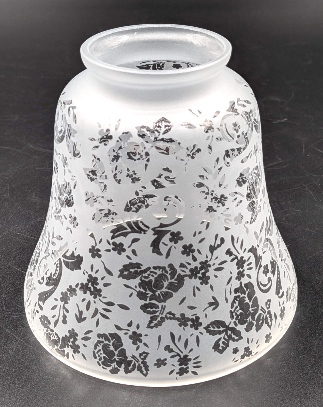 NOS Frosted & Etched Victorian Lace Bell-Shaped Glass Shade, 2-1/4” Fitter