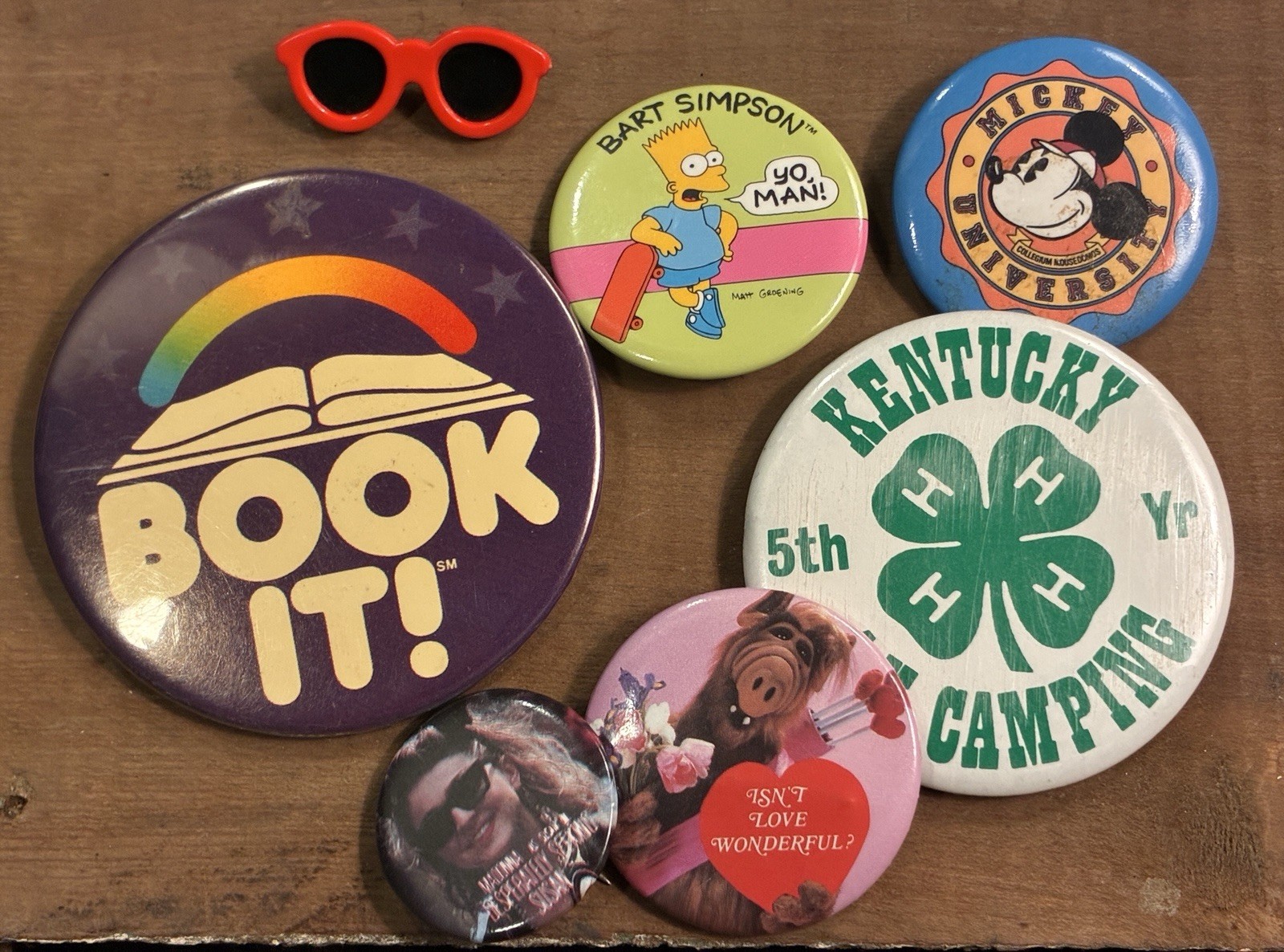 Vntg 80s 90s Button Lot (7pc) Pizza Hut Book It, Bart Simpson, Madonna, ALF, 4-H