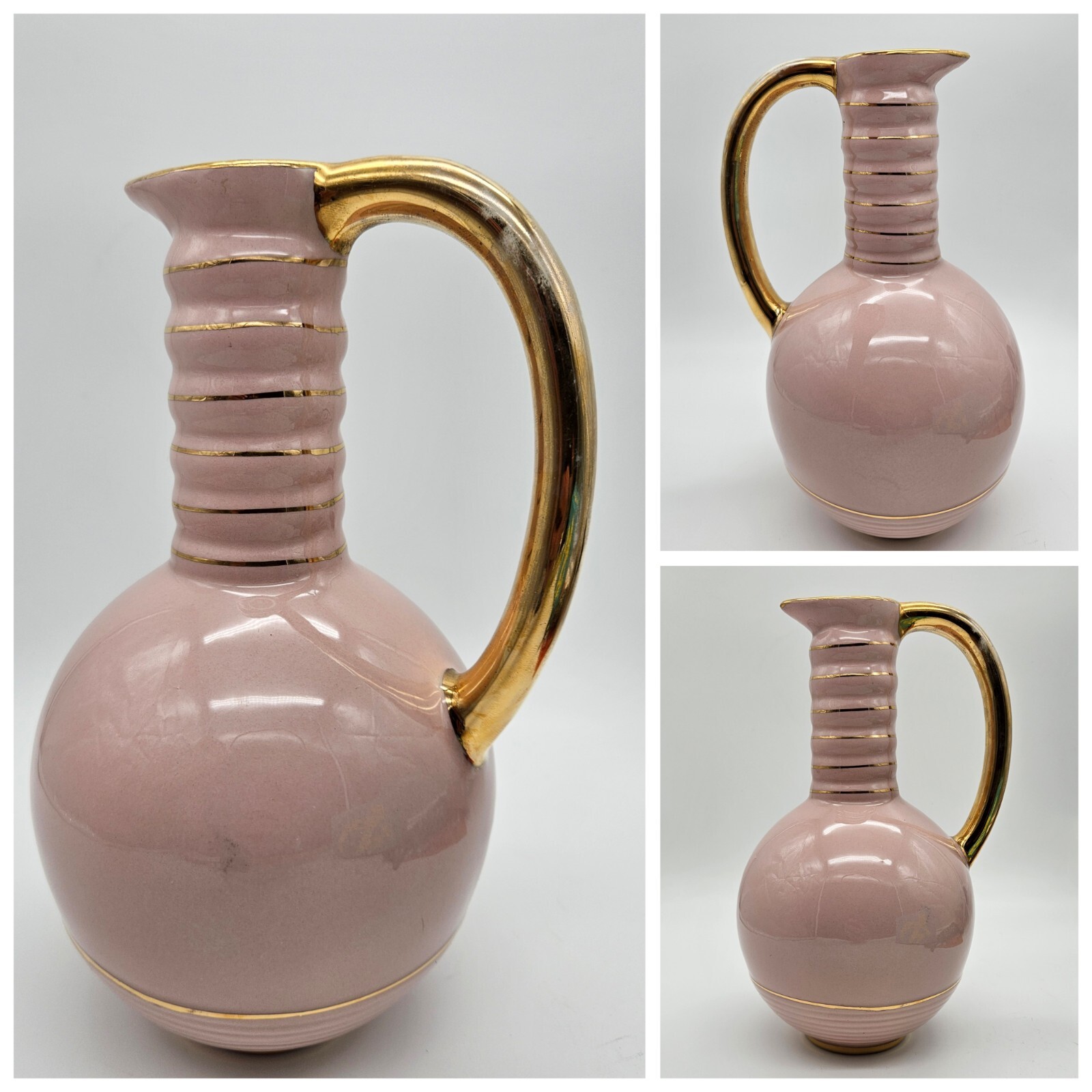 Boch Frères Pitcher Vase Pink Gold Accents La Louvière Belgium Vintage Art Deco