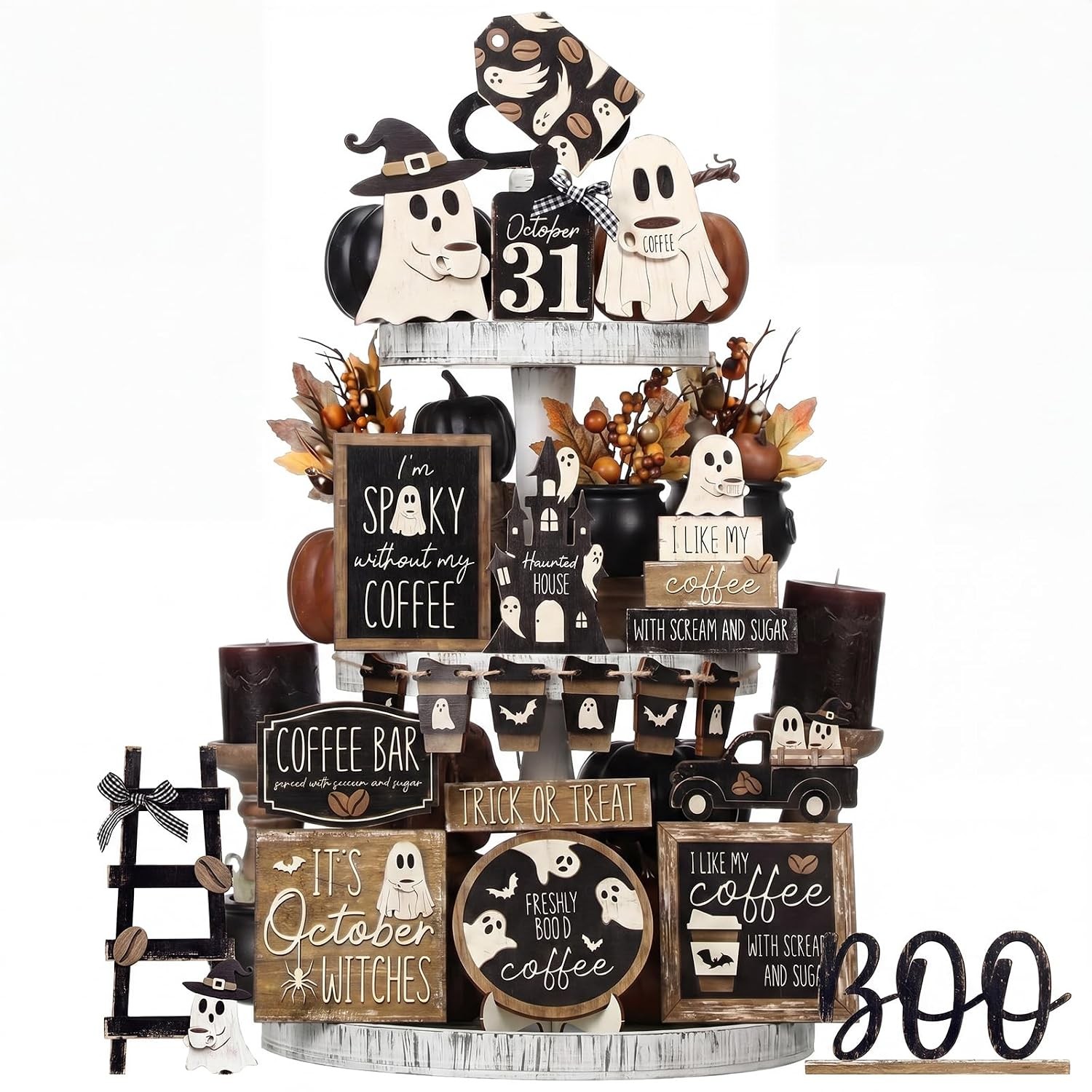17 Pcs Halloween Ghost Themed Tiered Coffee Serving Tray Decor Gift Set Home
