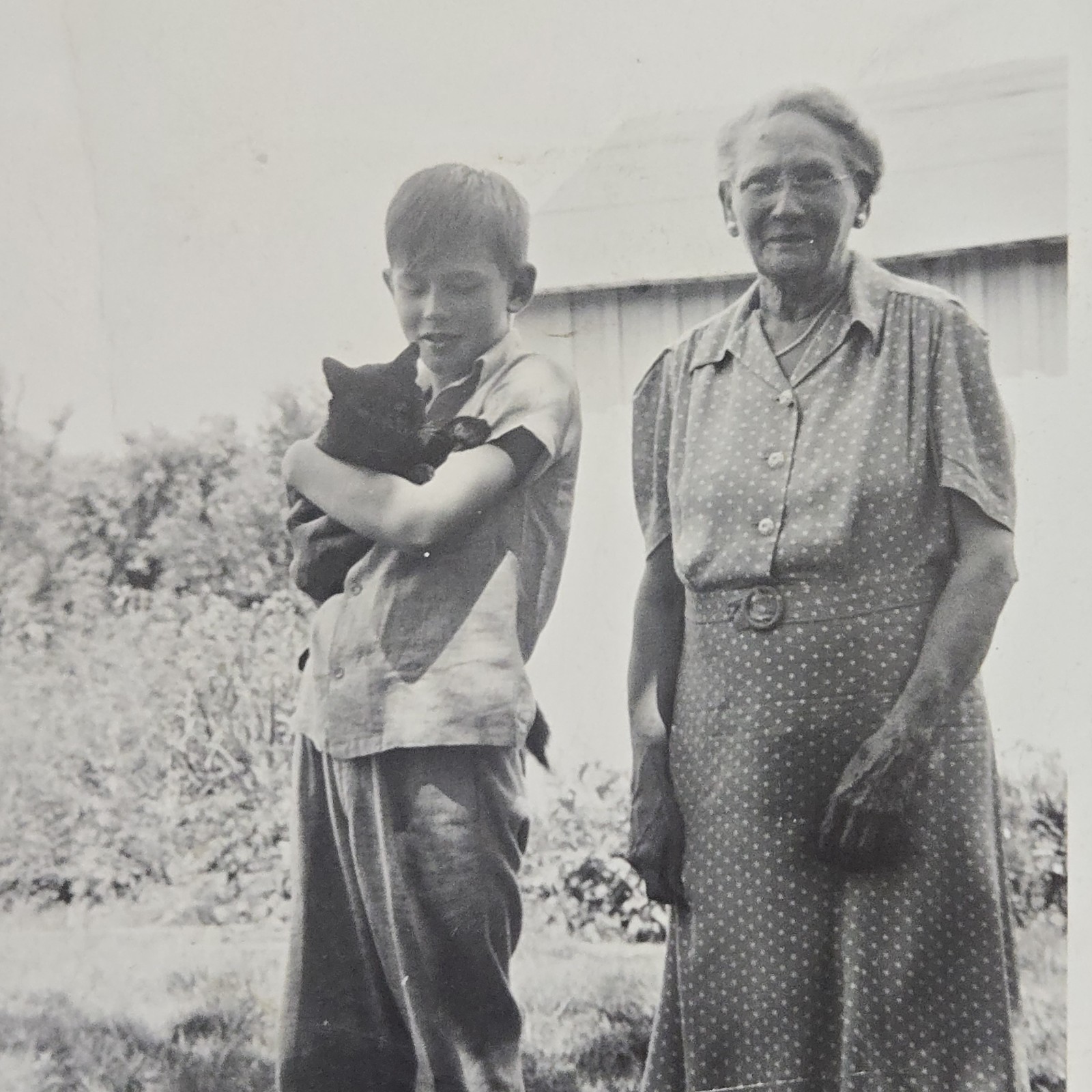 Vintage 1940s B&W Photo Snapshot of Young Boy Holding Cat w/ Grandma Vintage 1940s B&W Photo Snapshot of Young Boy Holding Cat w/ Grandma