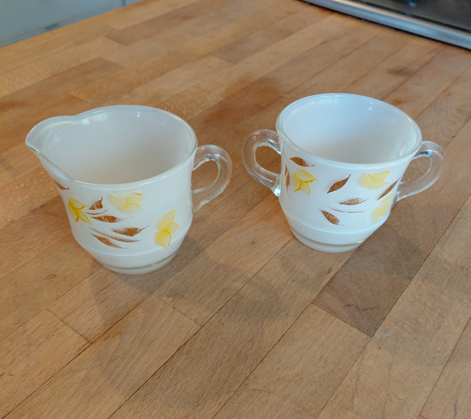 Bartlett-Collins Milk Glass Creamer & Sugar Bowl Set Floral Yellow Brown Handles