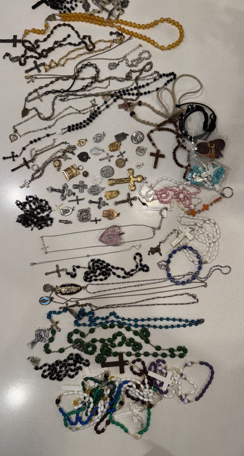Vintage Catholic Lot Of Medals Pendants Necklace Rosary Jewelry Bracelet 
