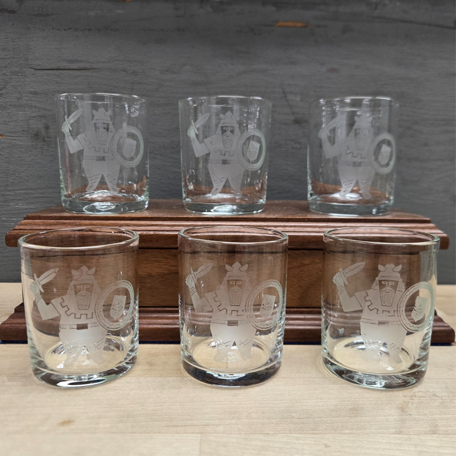 MCM Reijmyre Handblown - 5 oz Swedish Liqueur Glasses - 6 Etched Viking Warriors