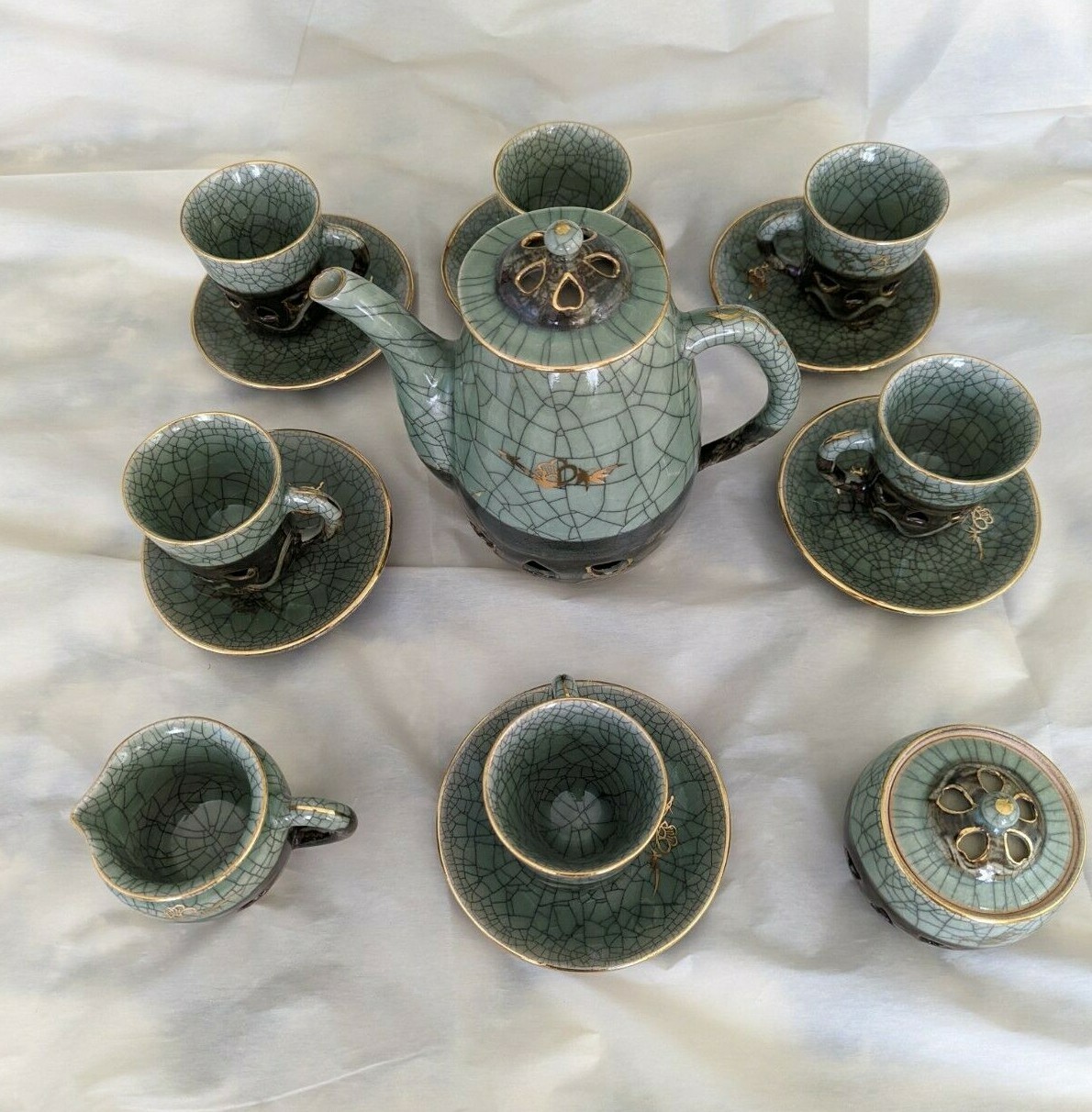 Vintage 15 pc Somaware Somayaki Japanese Tea Set Green Crackle Glaze Gold Horse