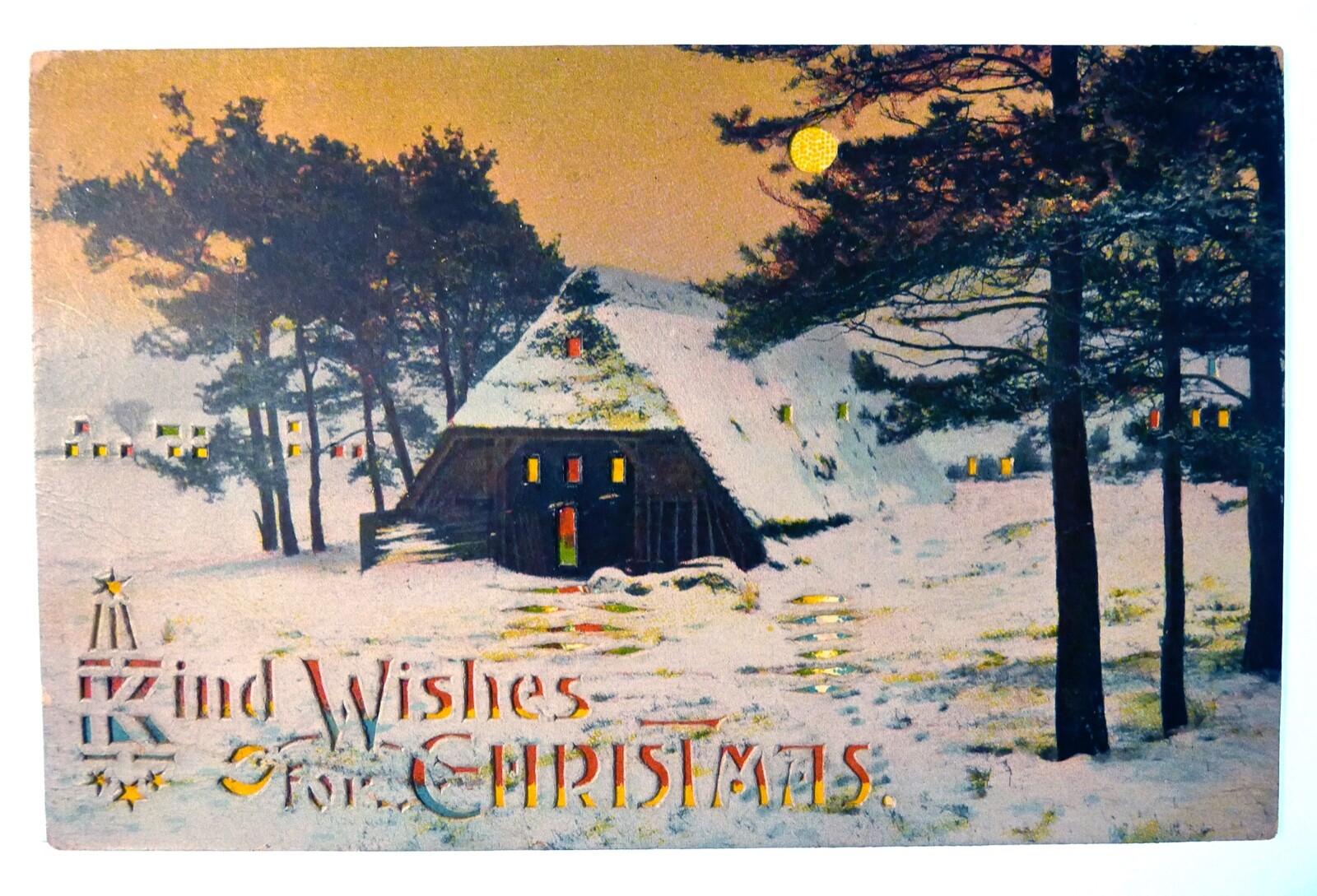 Vintage 1910\'s House & Winter Scene Hold To Light Antique Christmas Postcard
