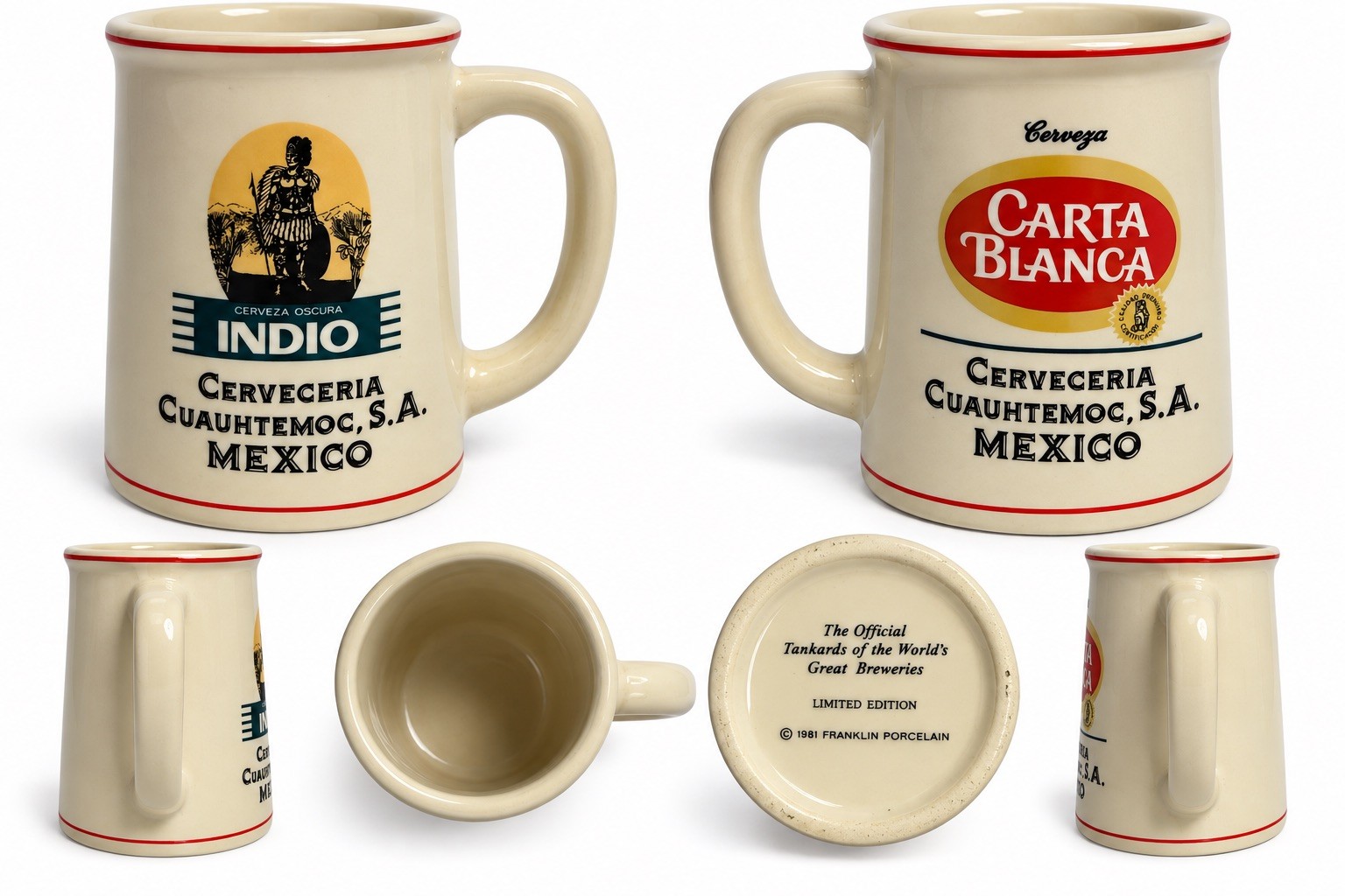 1981 Franklin Porcelain Indio Carta Blanca Beer Tankard Mug Mexico 3.5” Limited