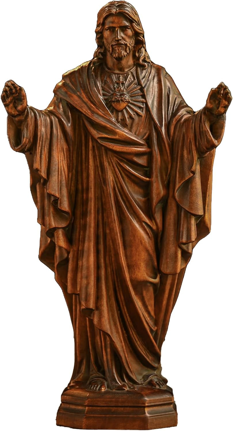 Handmade 7-Inch Wooden Sacred Heart of Jesus Statue - Religious Home Decor Gift