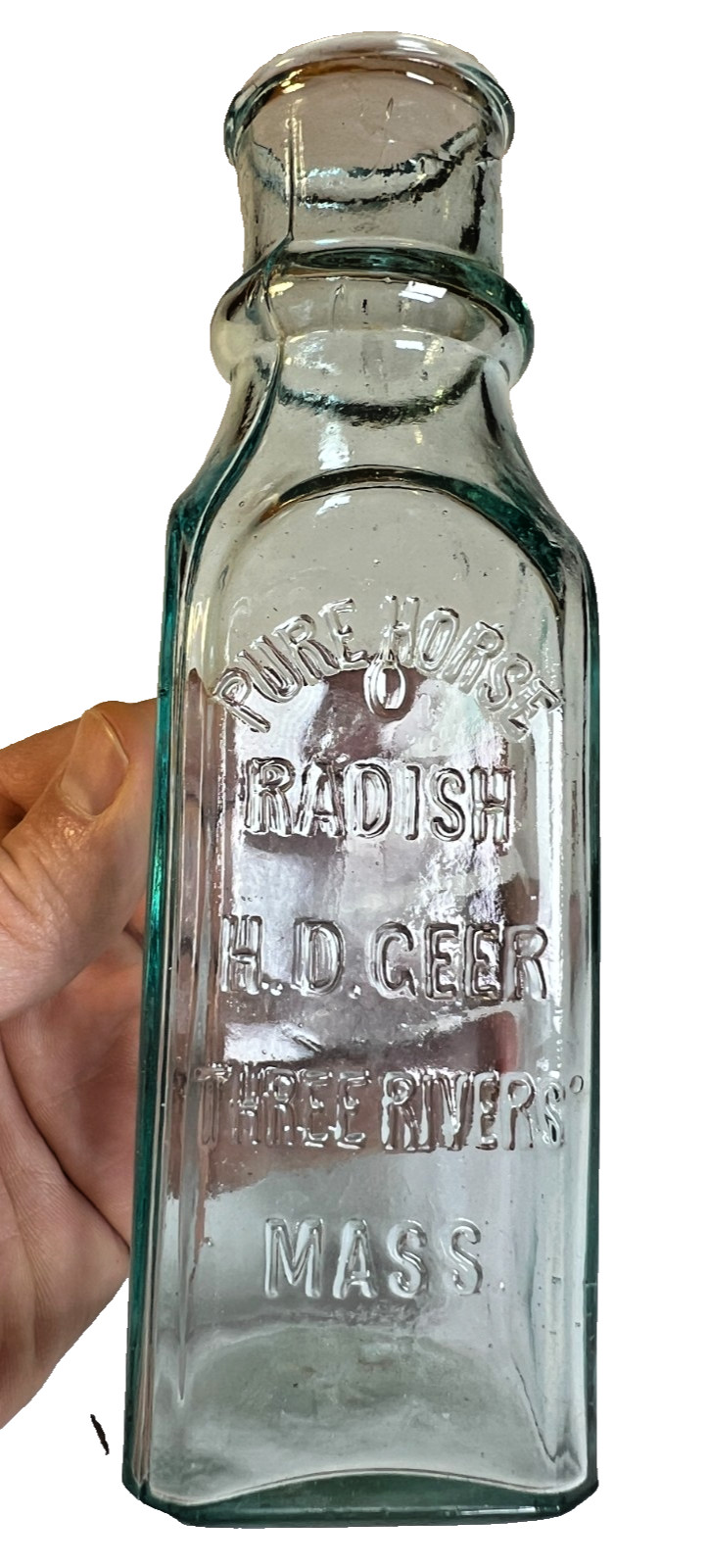 Antique PURE HORSERADISH Horse Radish Bottle GEER Three Rivers Massachusetts MA