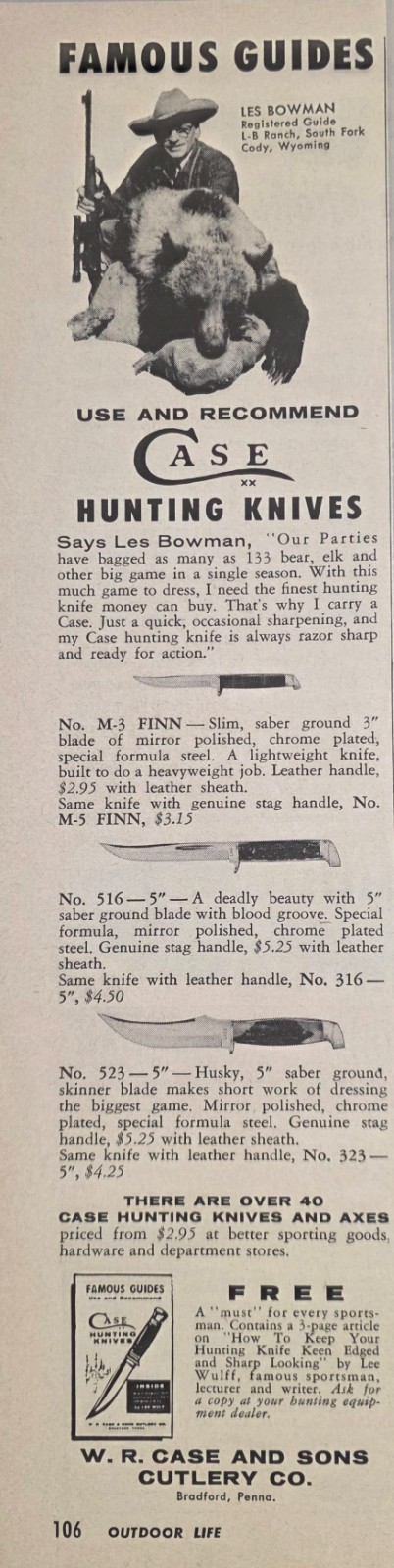 1956 Print Ad Case Hunting Knives Hunting Guide with Bear Bradford,Pennsylvania