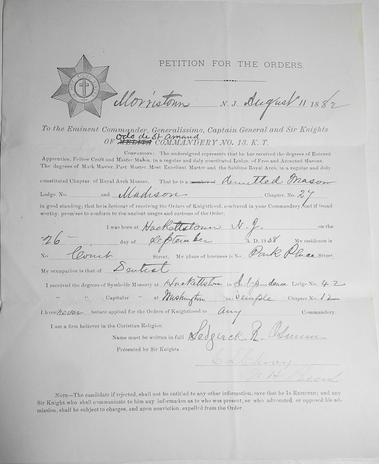 1883 Masonic Knights Templar Application - Sedgwick Osmun Dentist Morristown NJ