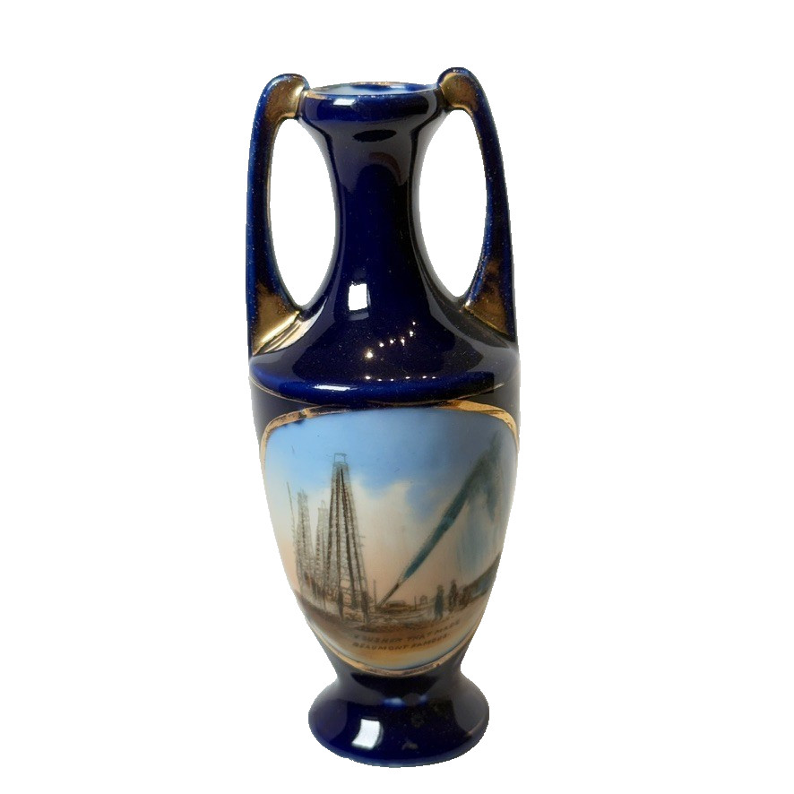 BEAUMONT Oil Wells Gas TX TEXAS ANTIQUE Souvenir China COBALT TRINKET VASE BEAUMONT Oil Wells Gas TX TEXAS ANTIQUE Souvenir China COBALT TRINKET VASE
