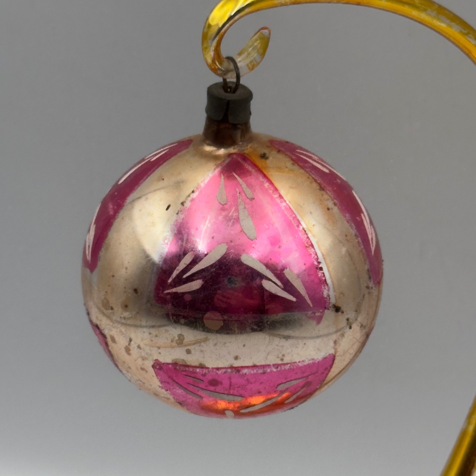 Vintage Pink Silver/Gold Mercury Glass Christmas Ornament Hand Painted Round