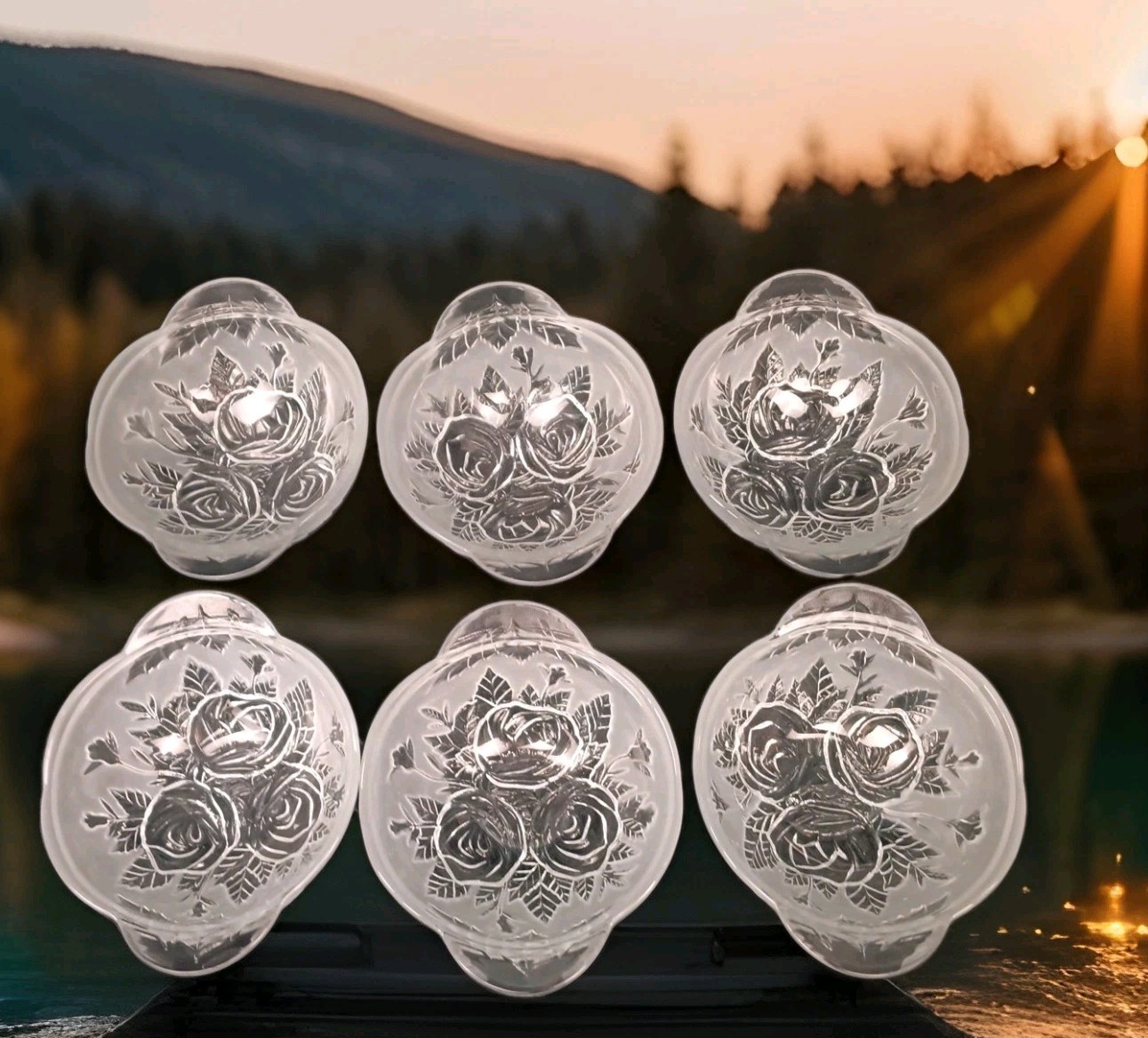 6 KIG Glass Clear Frosted Satin Bowl Handled Floral Rose 6.75''W 2.5''H 6 KIG Glass Clear Frosted Satin Bowl Handled Floral Rose 6.75''W 2.5''H