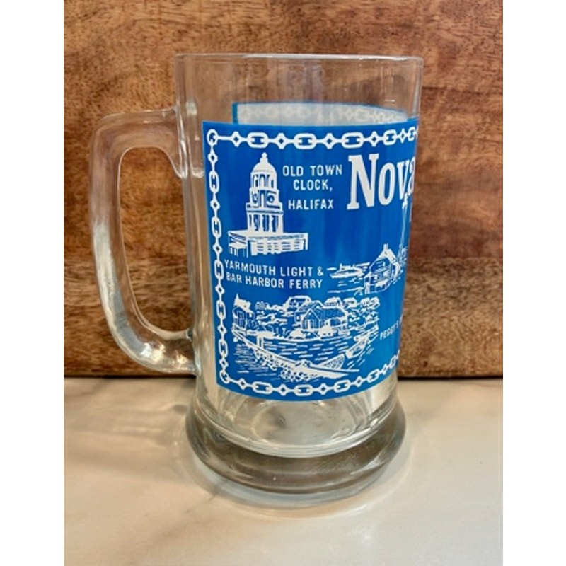 Vintage Nova Scotia Canada 12 oz Glass Beer Mug Stein Souvenir Blue Landmarks