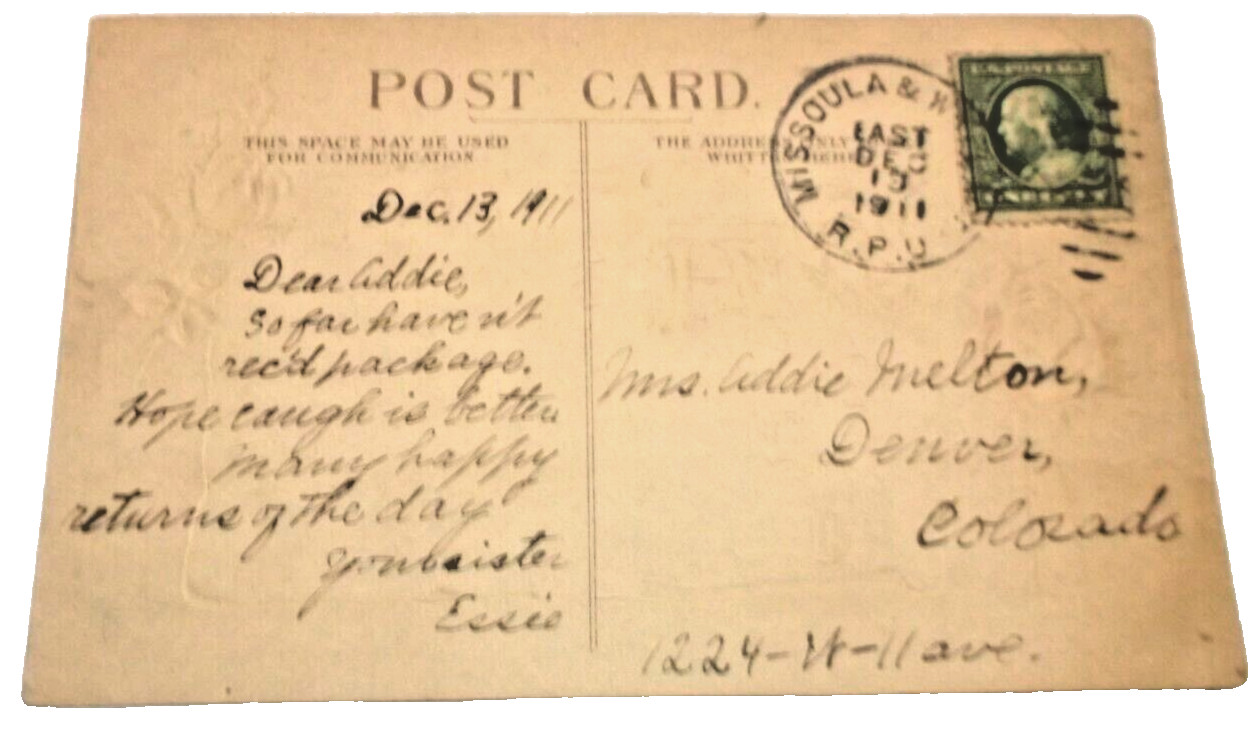 1911 NORTHERN PACIFIC MISSOULA & WALLACE RPO EAST HANDLED POST CARD