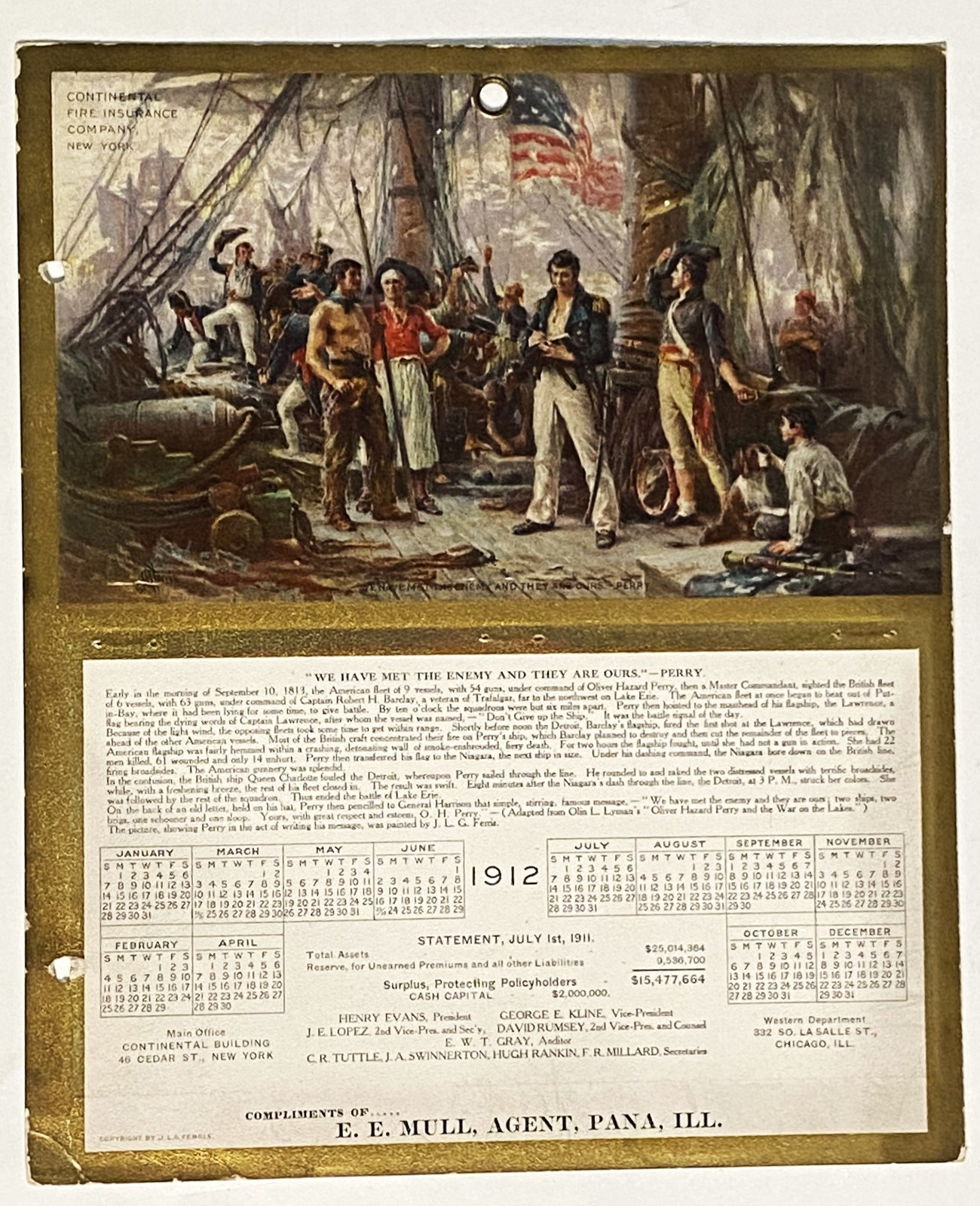 1912 Continental Fire Insurance Calendar Perry Lake Erie 1813 Historic Event