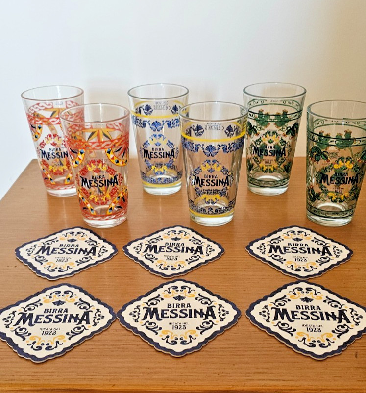 6 x MESSINA BEER GLASSES SALT CRYSTALS DECORATED GLASS SICILY BAR PUB
