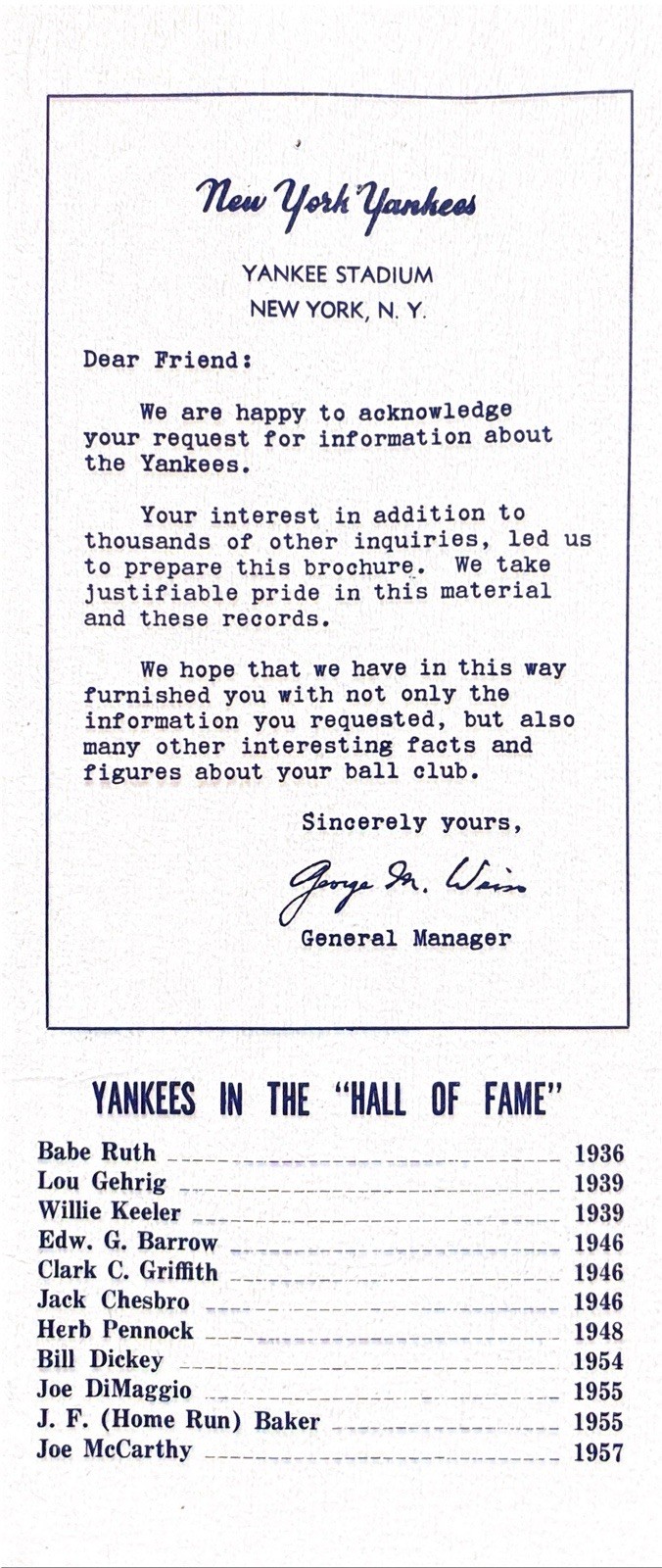 VERY RARE 1958 “The Yankees Over The Years”featuring RUTH,GEHRIG & DIMAGGIO
