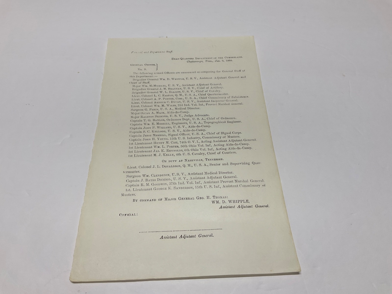 CIVIL WAR GENERAL GEORGE THOMAS CHATTANOOGA TENNESSEE 1864 ORDER # 9