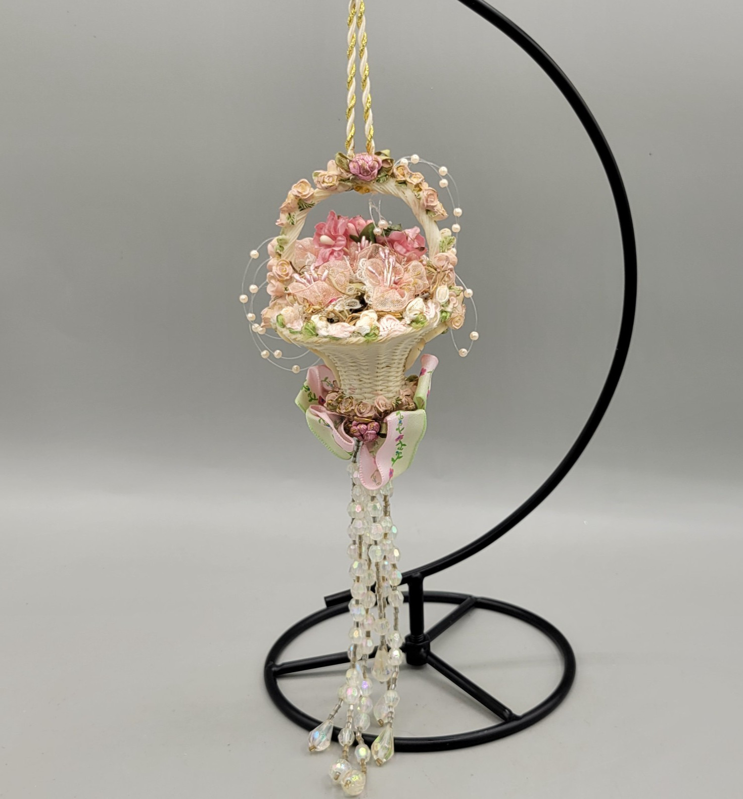 Shabby Cottage Victorian Chic Basket Floral Faux Pearl Christmas Ornament