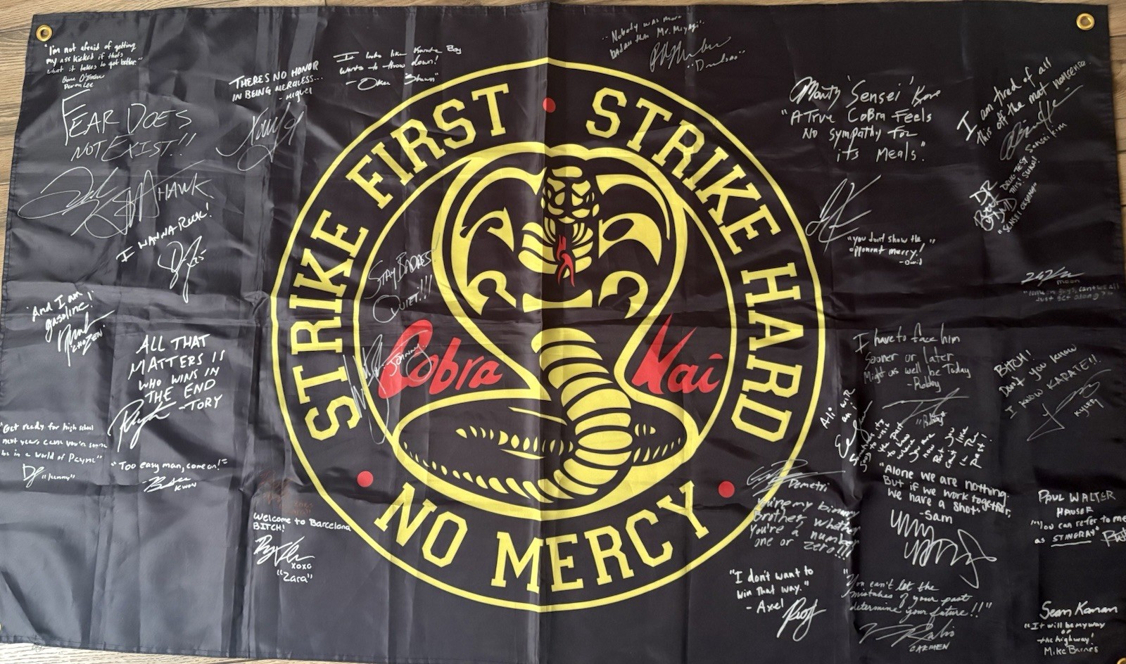 Cobra Kai Flag Signed By 26 Cast Members With Character Names & Rare Quotes
