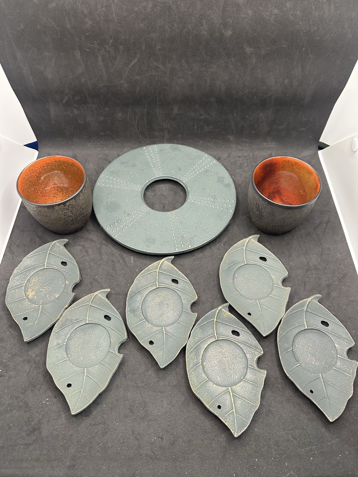 Vintage Teavana Tea Warmer Set w/ 2 Japanese Ceramic Cups & 6 Leaf Coasters