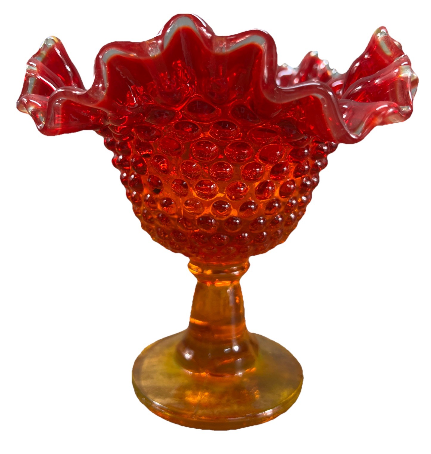 Fenton Glass Ruffled Rim Hobnail Pedestal Candy Dish Bowl 6.25 Fenton Glass Ruffled Rim Hobnail Pedestal Candy Dish Bowl 6.25