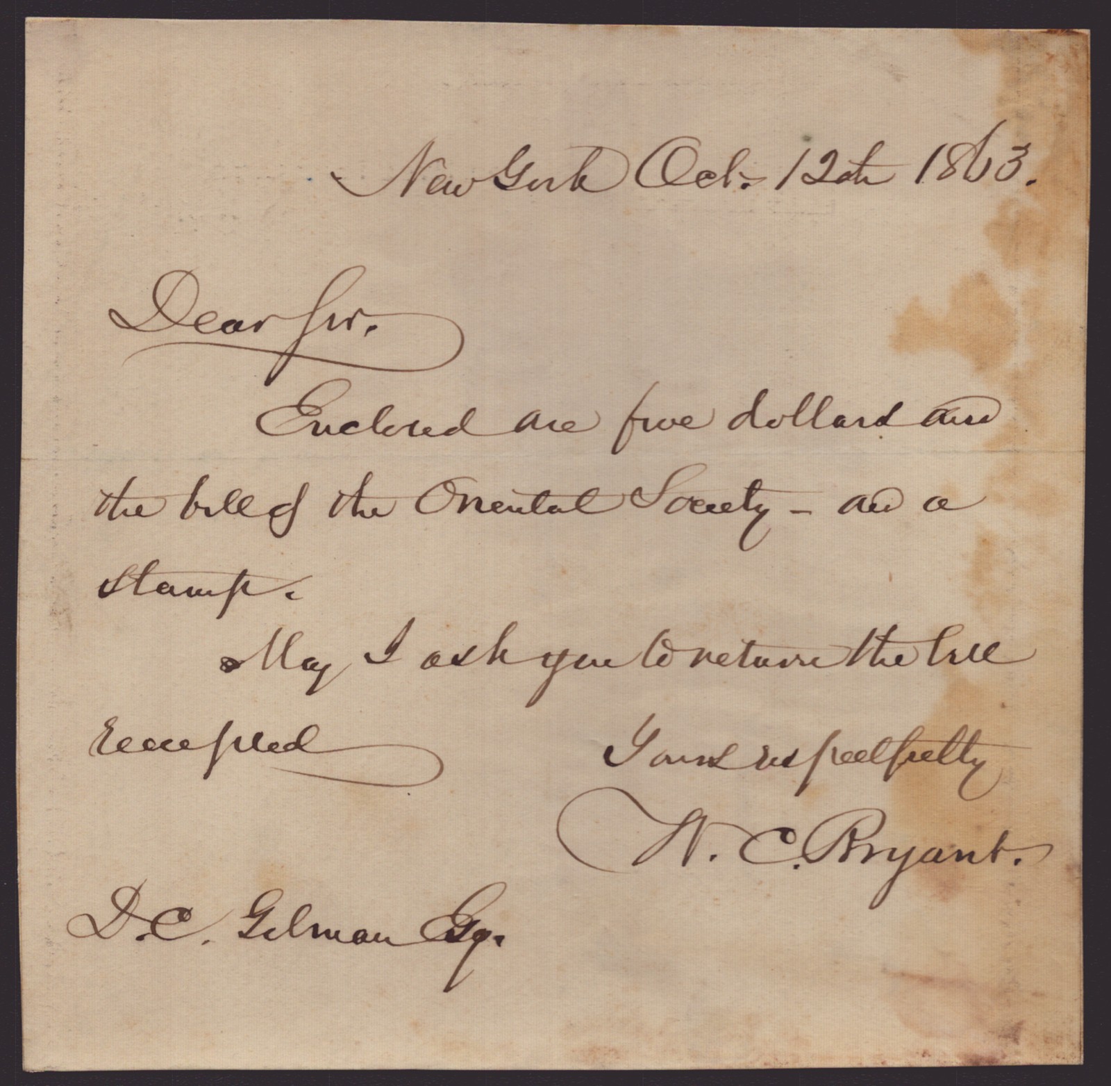 WILLIAM CULLEN BRYANT - AUTOGRAPH LETTER SIGNED 10/12/1863