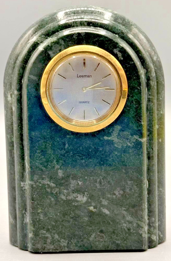 Vintage Leeman Green Marble Desk Mantel Clock — Quartz Gold Tone Bezel 1990s