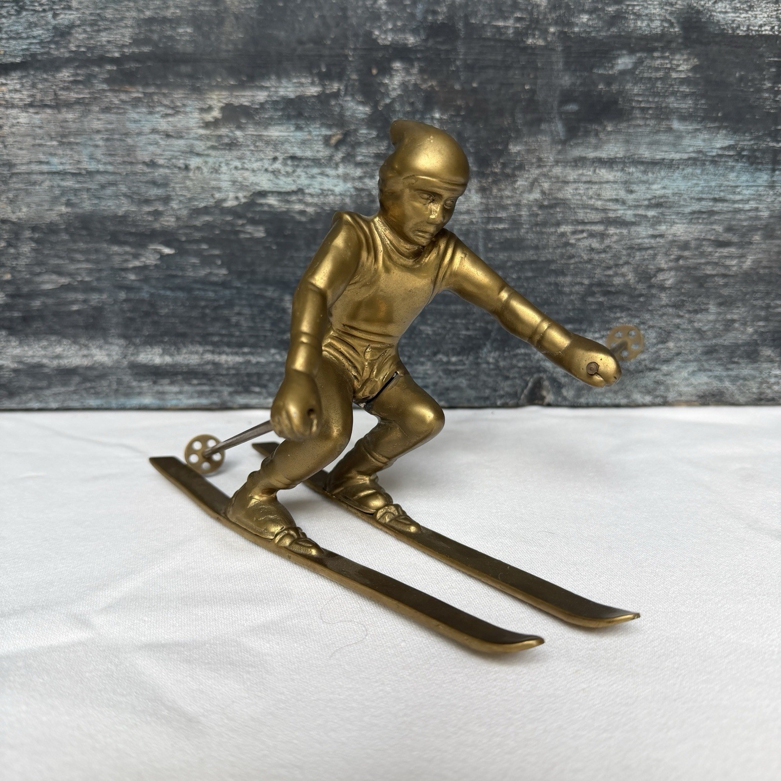 Vintage Brass Downhill Skier Skis Figurine Sculpture