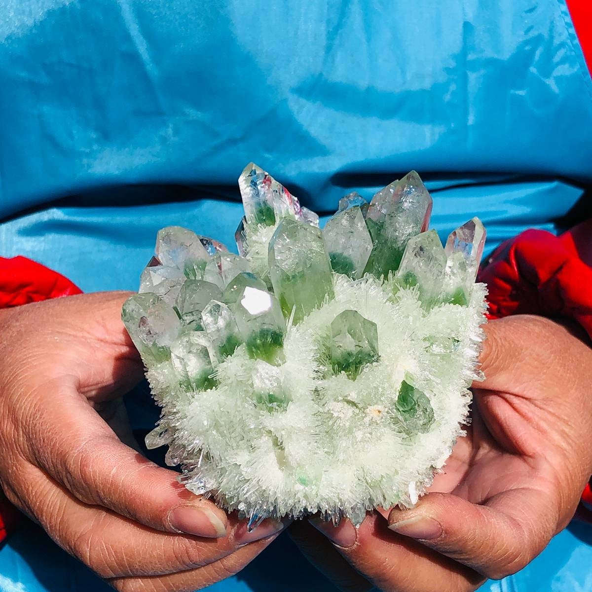 2Pieces 1190g Rare Twinkling Green Phantom Quartz Crystal Cluster Specimen 3474