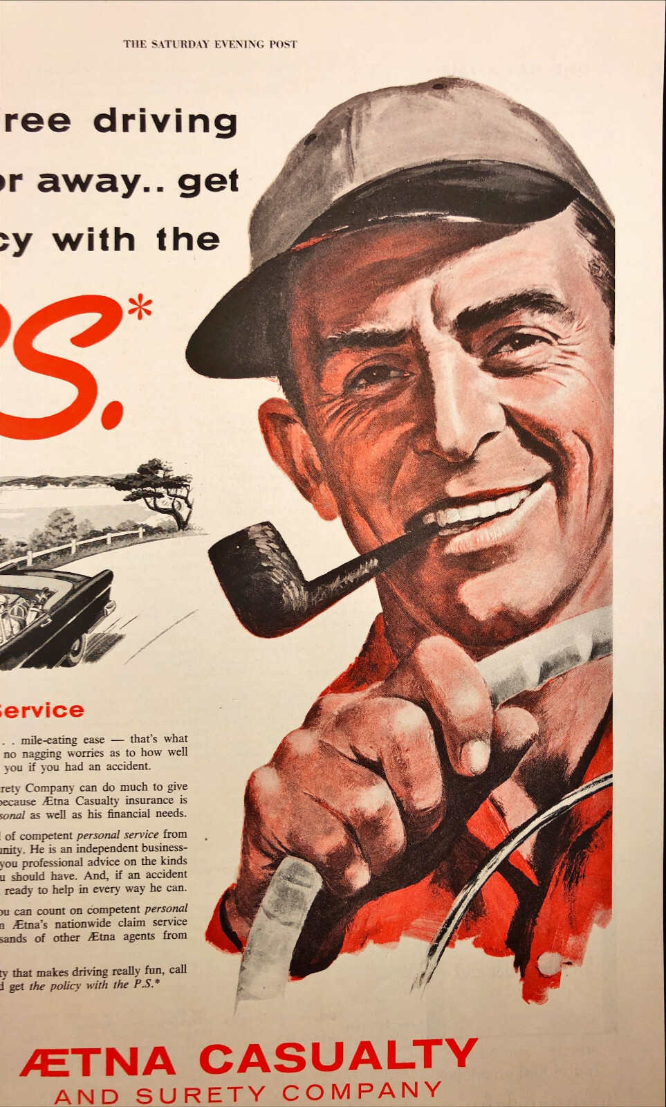 1955 Aetna Casualty Auto Insurance Vintage Print Ad Man with Pipe Driving Car