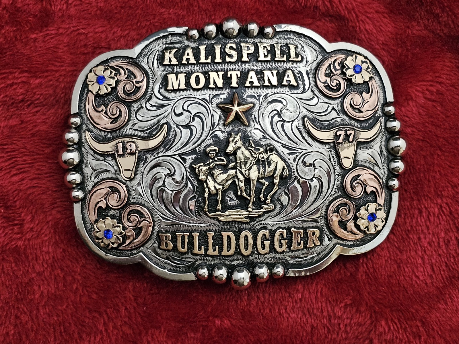 Mega Bull☆1977☆Bulldogging☆RODEO CHAMPION TROPHY BUCKLE☆Kalispell Mt☆Rare☆X07