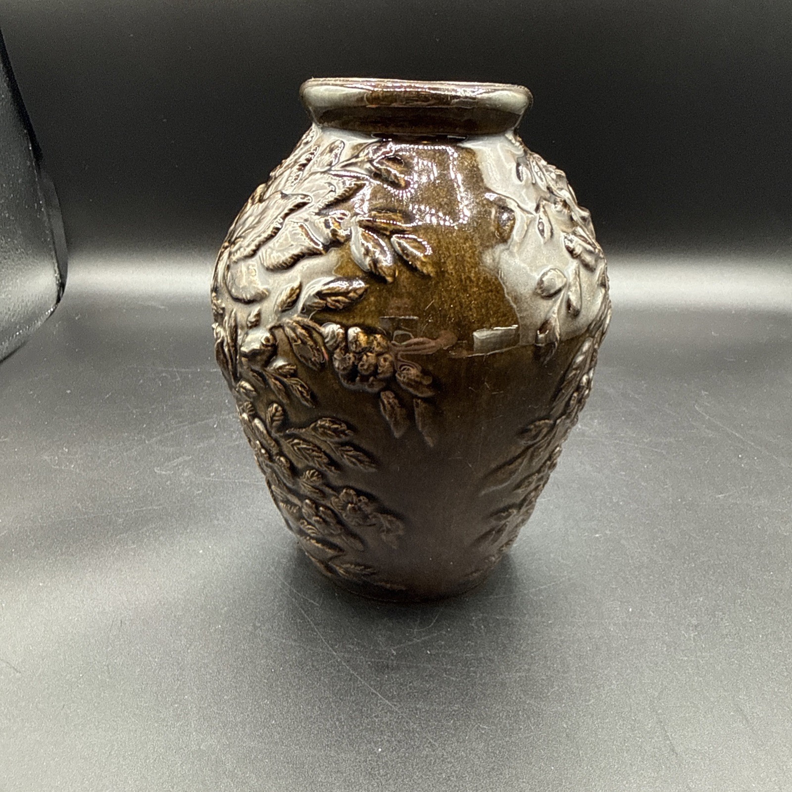 Ceramic vase with bronze-tone glaze& floral relief decoration by R.R.P. Co. Ceramic vase with bronze-tone glaze& floral relief decoration by R.R.P. Co.