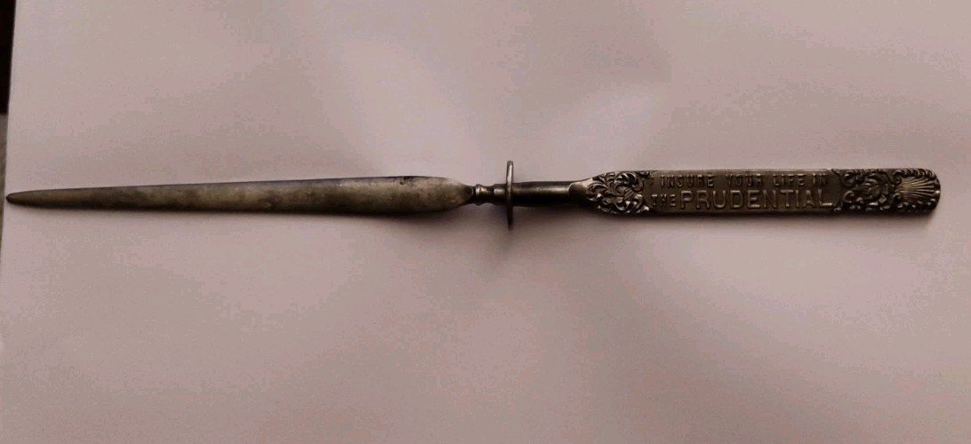 Vintage Advertising Letter Opener Sword Shape Prudential Life, Metal