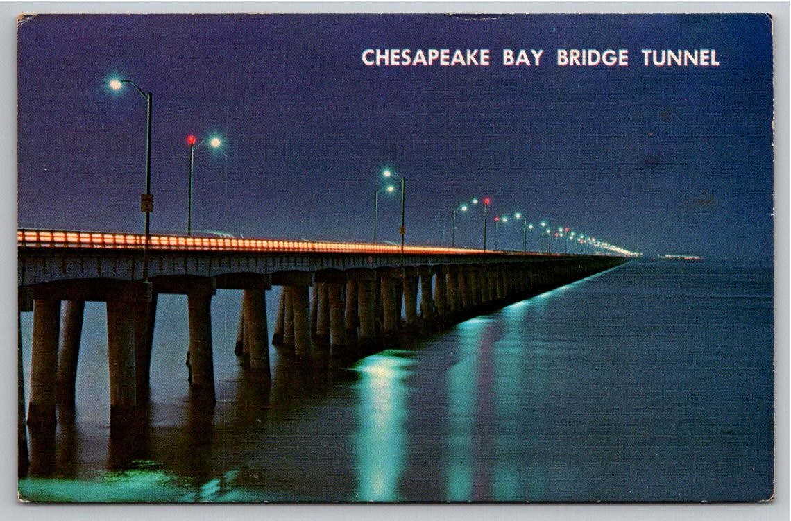 Vintage Chesapeake Bay Bridge-Tunnel Night View Postcard Virginia VA Posted 1975 Vintage Chesapeake Bay Bridge-Tunnel Night View Postcard Virginia VA Posted 1975