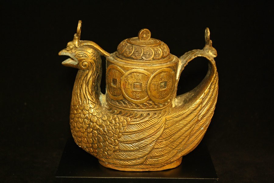 V6124 Vintage Asian Brass Pitcher with Phoenix.  Handle.  China.