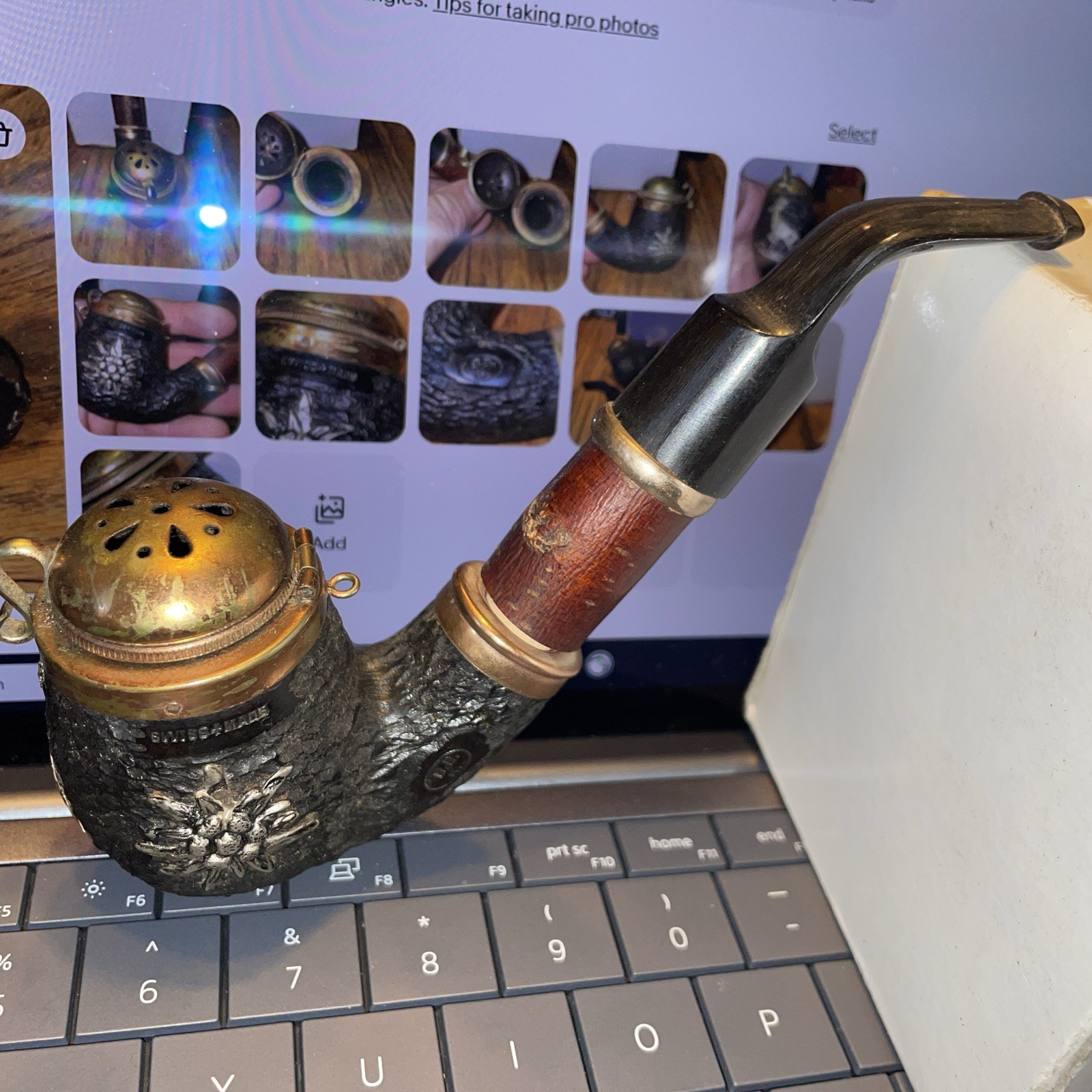 Vintage BBK Swiss Made Alpine Hunter Tobacco Pipe Lidded Stag Edelweiss Tyrolean