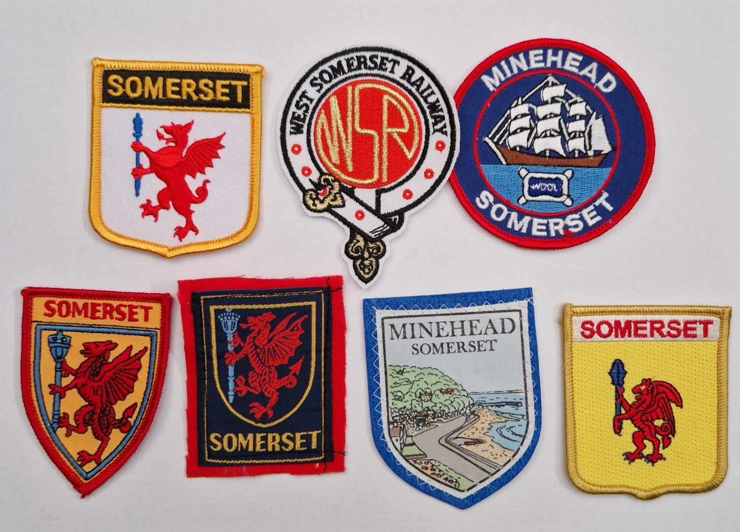 7 x Somerset Souvenir Tourist Patches badges. Minehead, West Somerset Railway