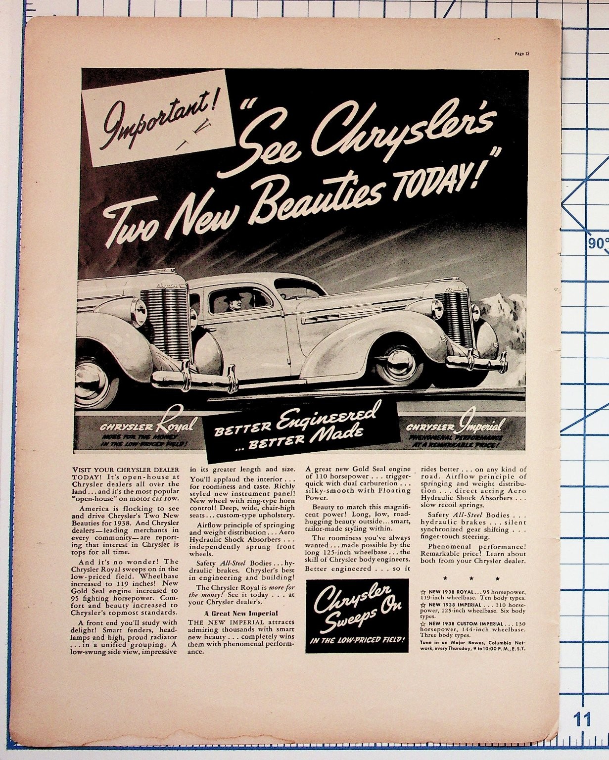 1938 Chrysler Royal Imperial Car Magazine Ad - Vintage Automobile Ephemera