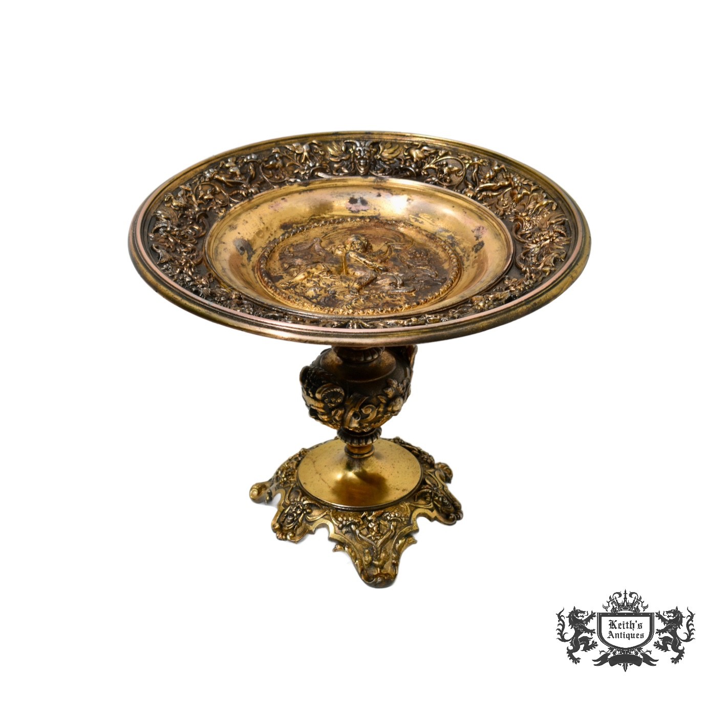 Bronze and Mixed Metal Plate Antique Ornate Baroque on Stand Stamped