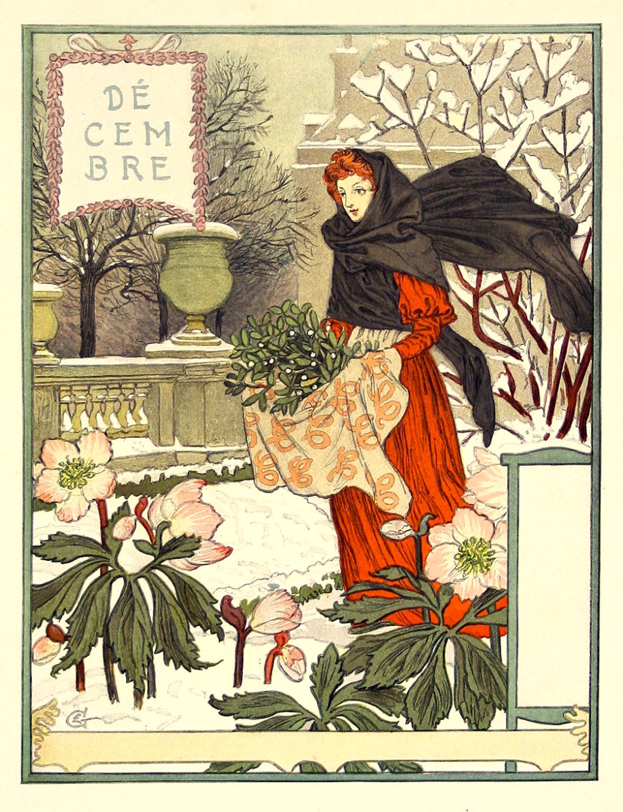 Postcard: Nouveau Print Repro - E. Grasset - December - Woman, Winter, Snow Postcard: Nouveau Print Repro - E. Grasset - December - Woman, Winter, Snow