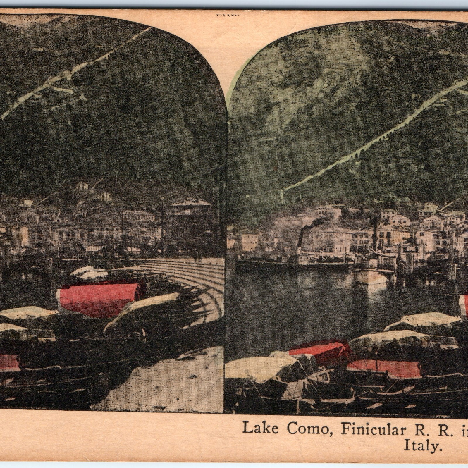 c1900s Como, Italy Lake Como Funicular Railway Steam Litho Photo Stereo Card V11