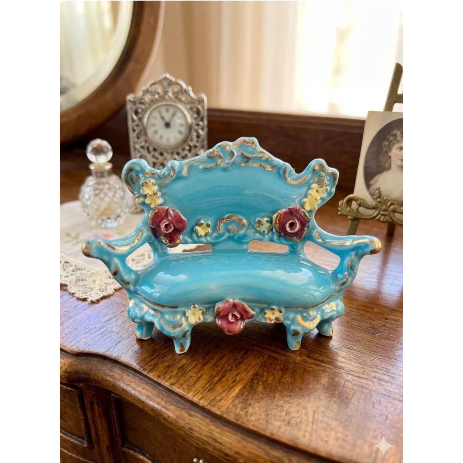 VTG Occupied Japan MCM Kitsch Miniature Turquoise Porcelain Sofa Figurine VTG Occupied Japan MCM Kitsch Miniature Turquoise Porcelain Sofa Figurine
