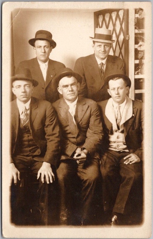 c1910s STUDIO Real Photo RPPC Postcard Five Guys in Suits / CIGARS - Unused