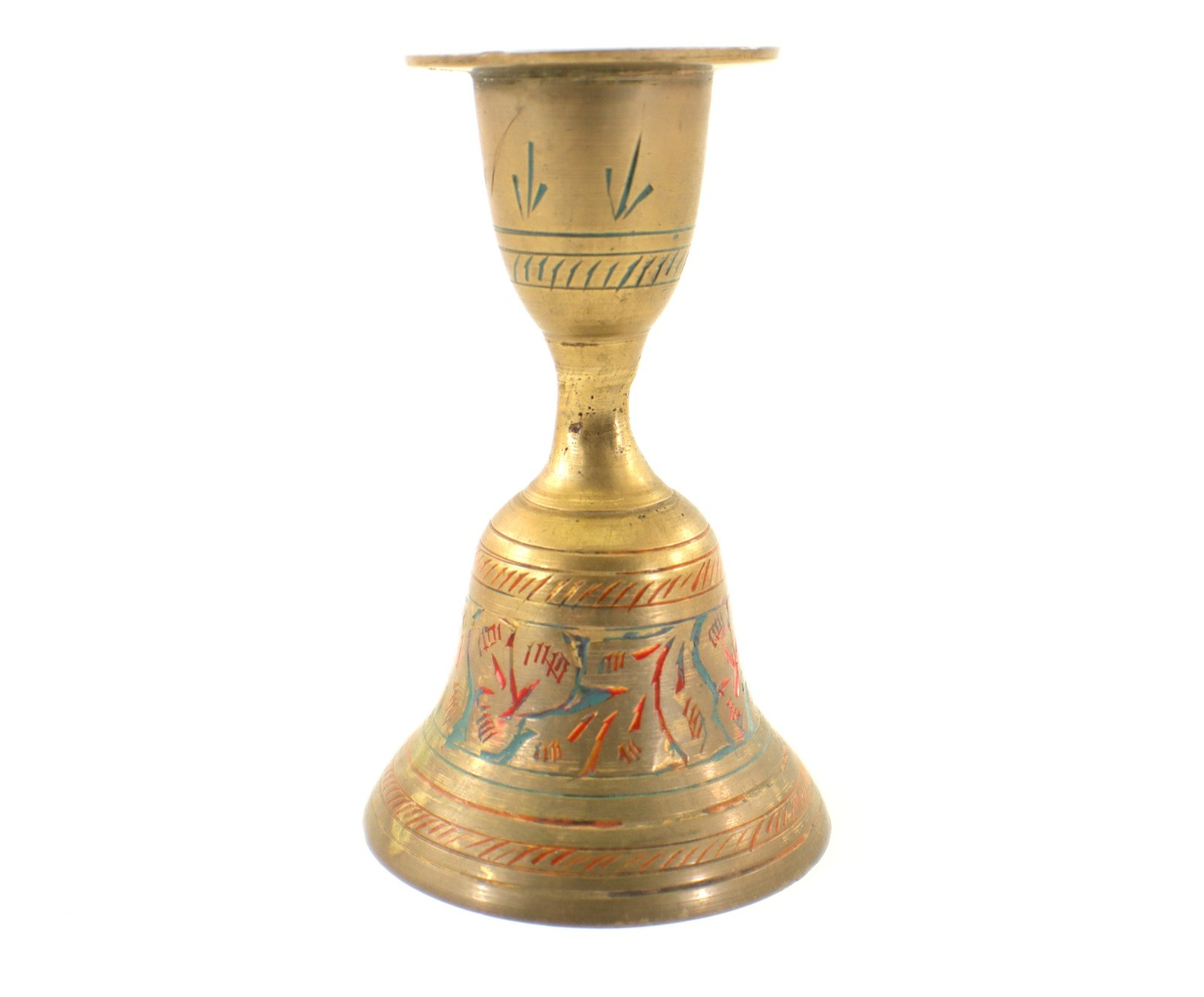 Asim Brass BELL CANDLE HOLDER Candlestick Taper Etched Red & Green Gold-tone