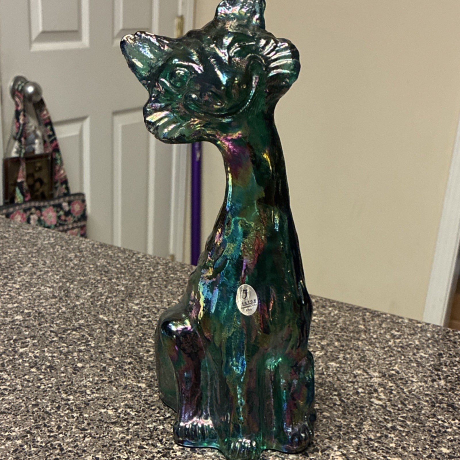 Fenton Iridescent Teal Green 11” Winking Glass Alley Cat GLOWS Fenton Iridescent Teal Green 11” Winking Glass Alley Cat GLOWS